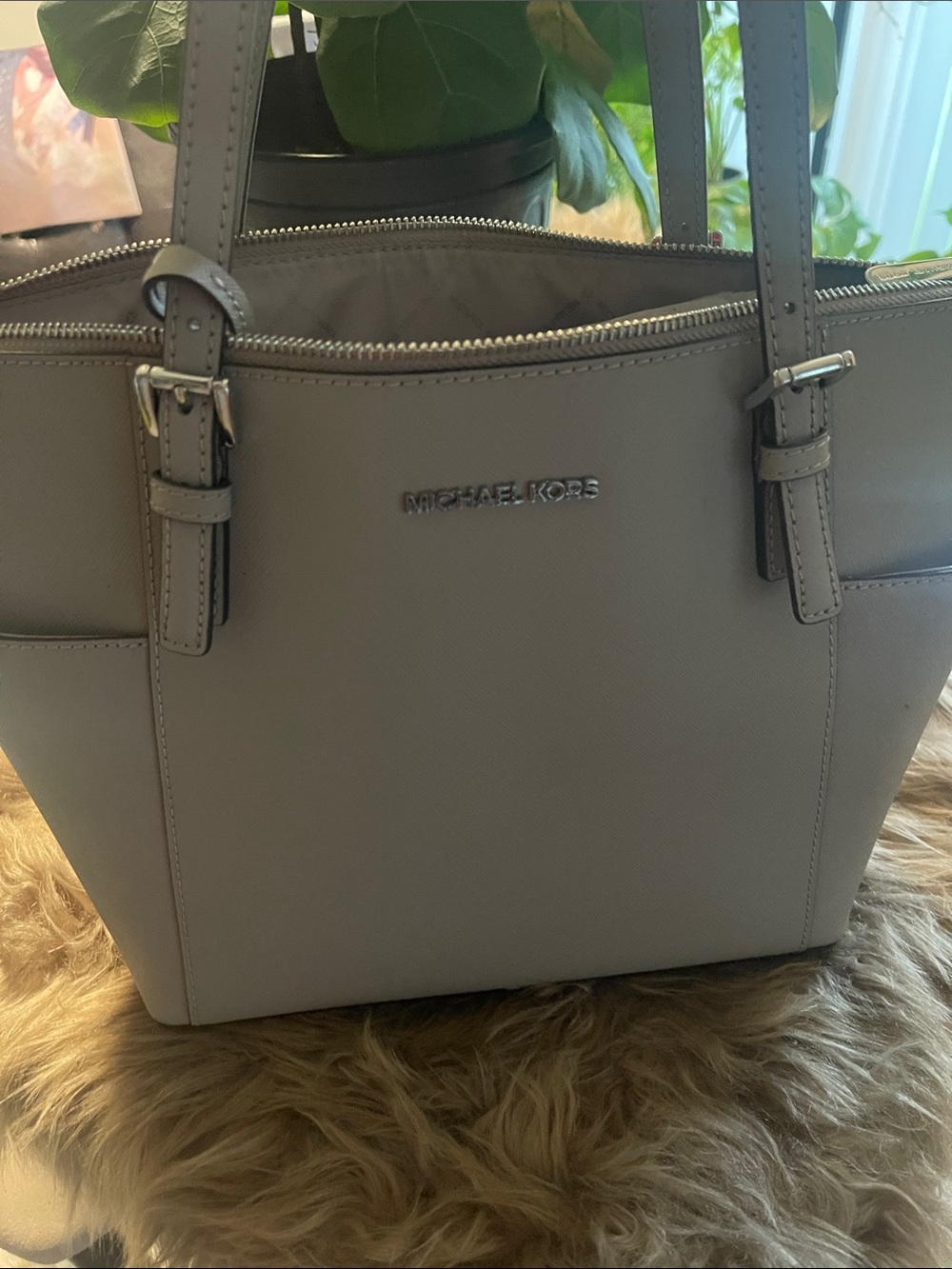 New
Michael Kors Light Gray Leather Tote with Silver Hardware